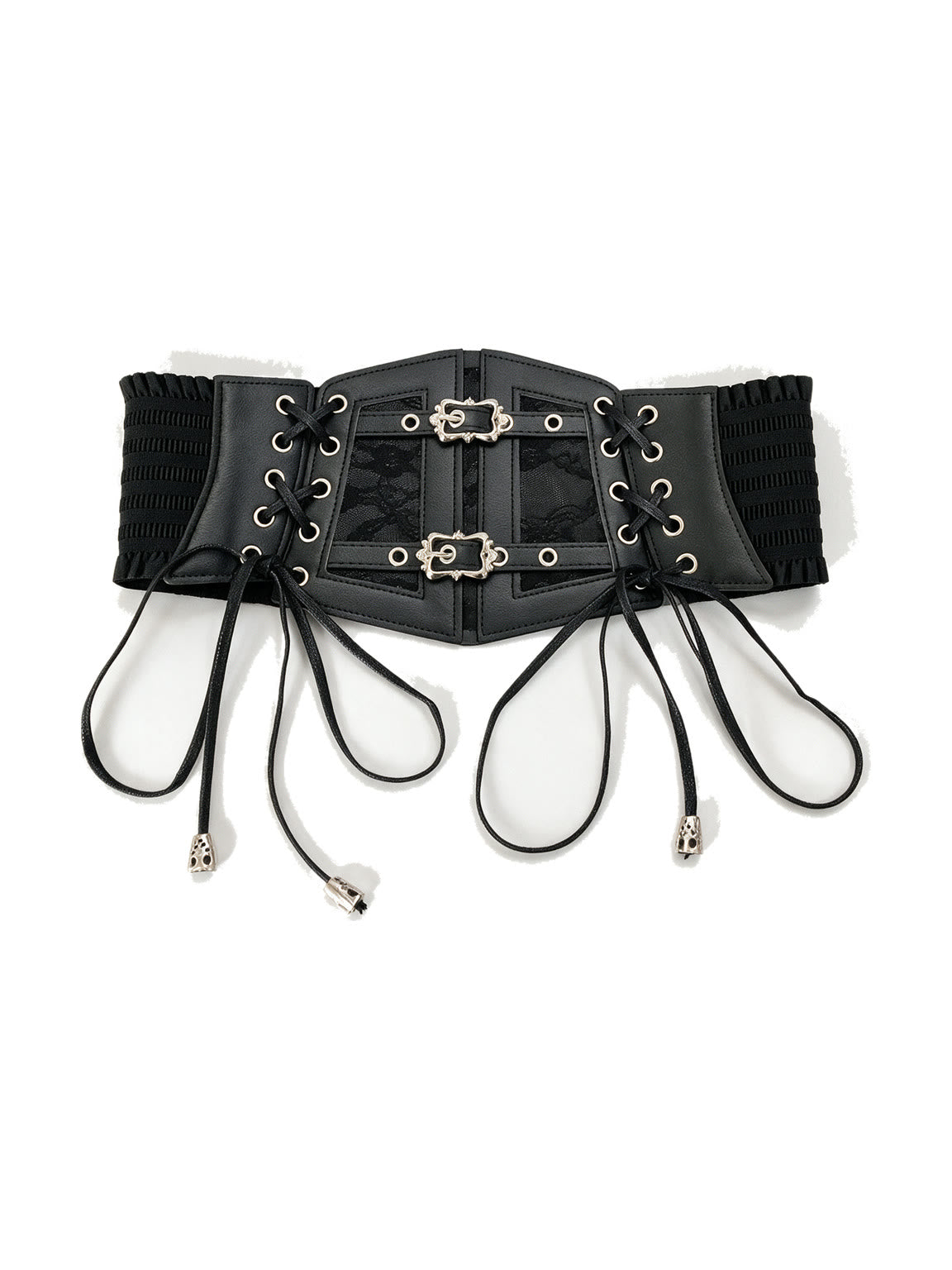 Wide black elastic corset waist belt with lace-up ties