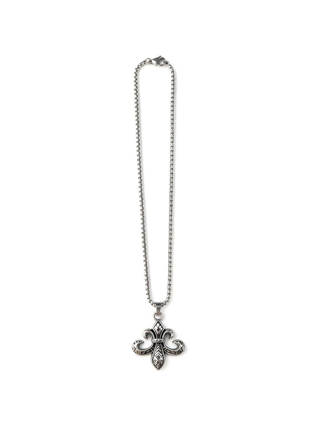 Ornate silver baroque cross pendant on a long chain