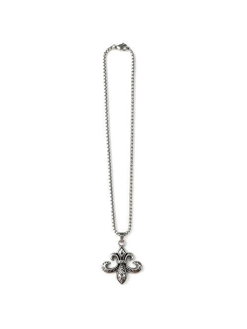 Ornate silver baroque cross pendant on a long chain