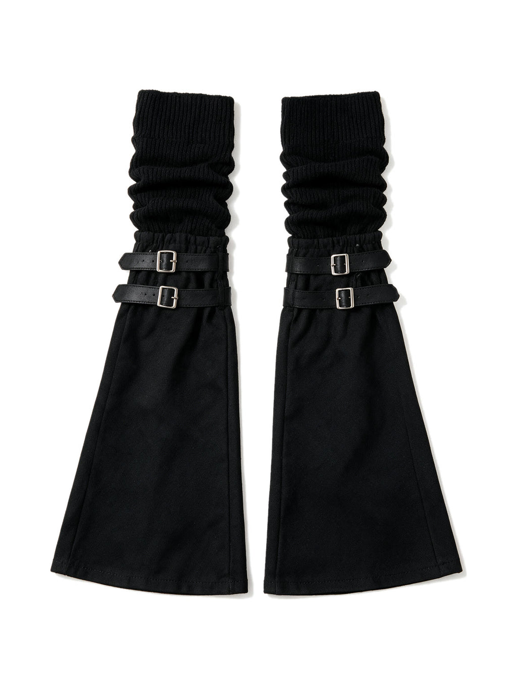 Black knit leg warmers with buckled flare panels