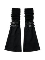 Black knit leg warmers with buckled flare panels