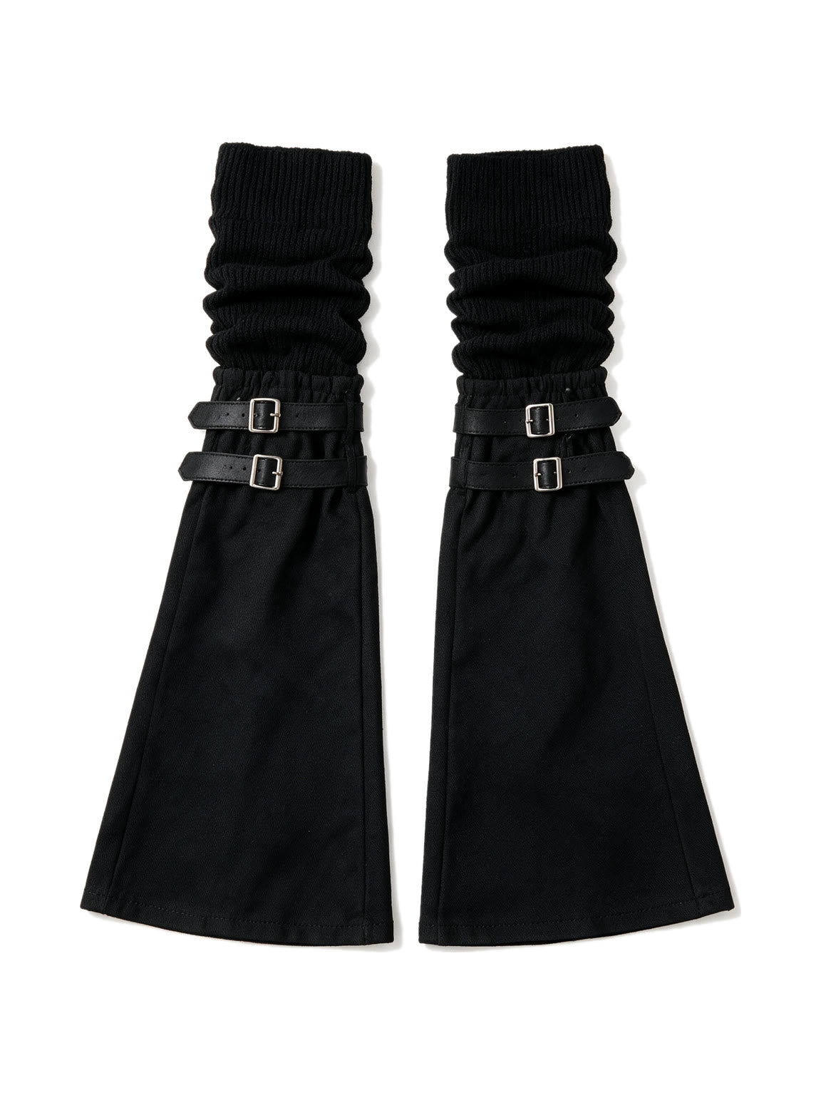 Black knit leg warmers with buckled flare panels
