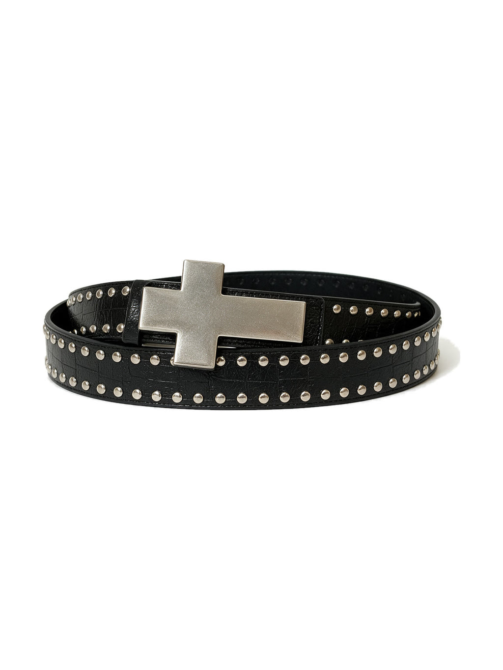 Black studded belt with a large silver cross