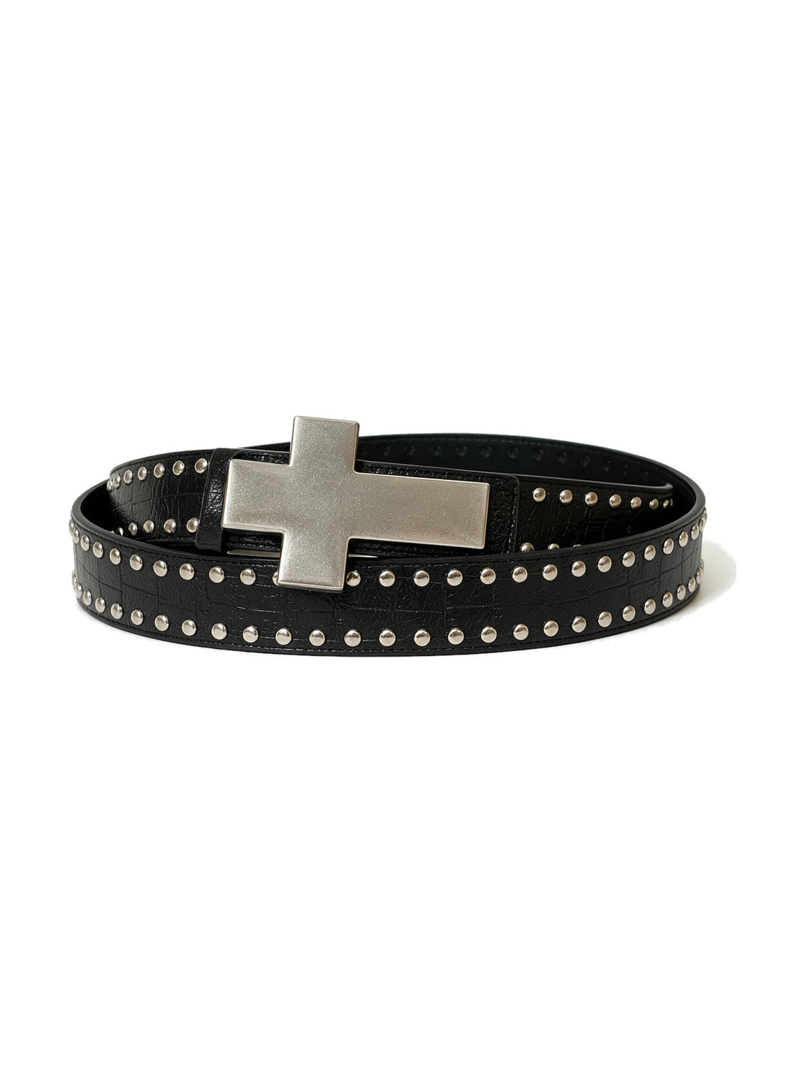 Black studded belt with a large silver cross
