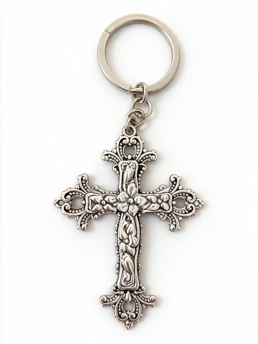 Large antiqued silver filigree cross keyring