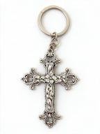 Large antiqued silver filigree cross keyring