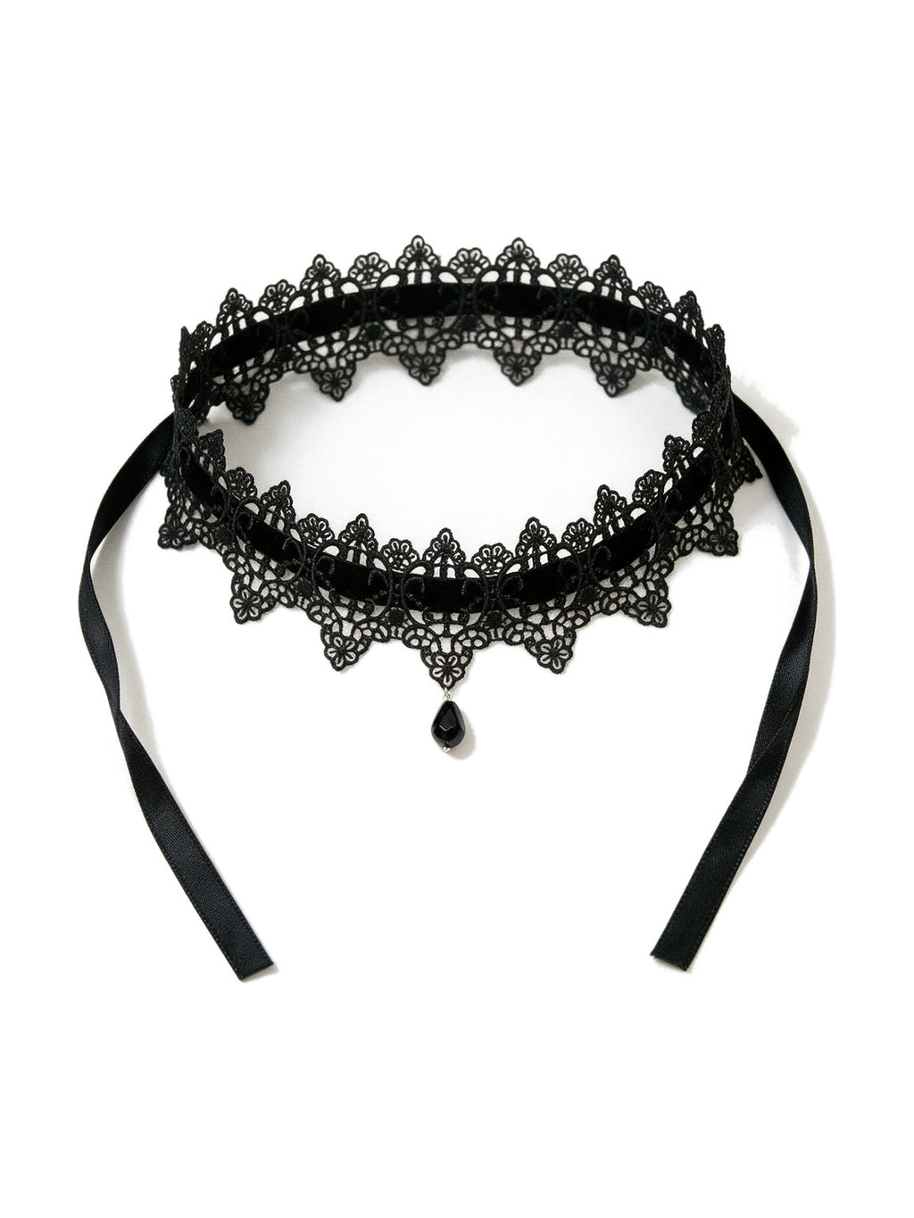 Black lace choker with a teardrop pendant and ribbon ties