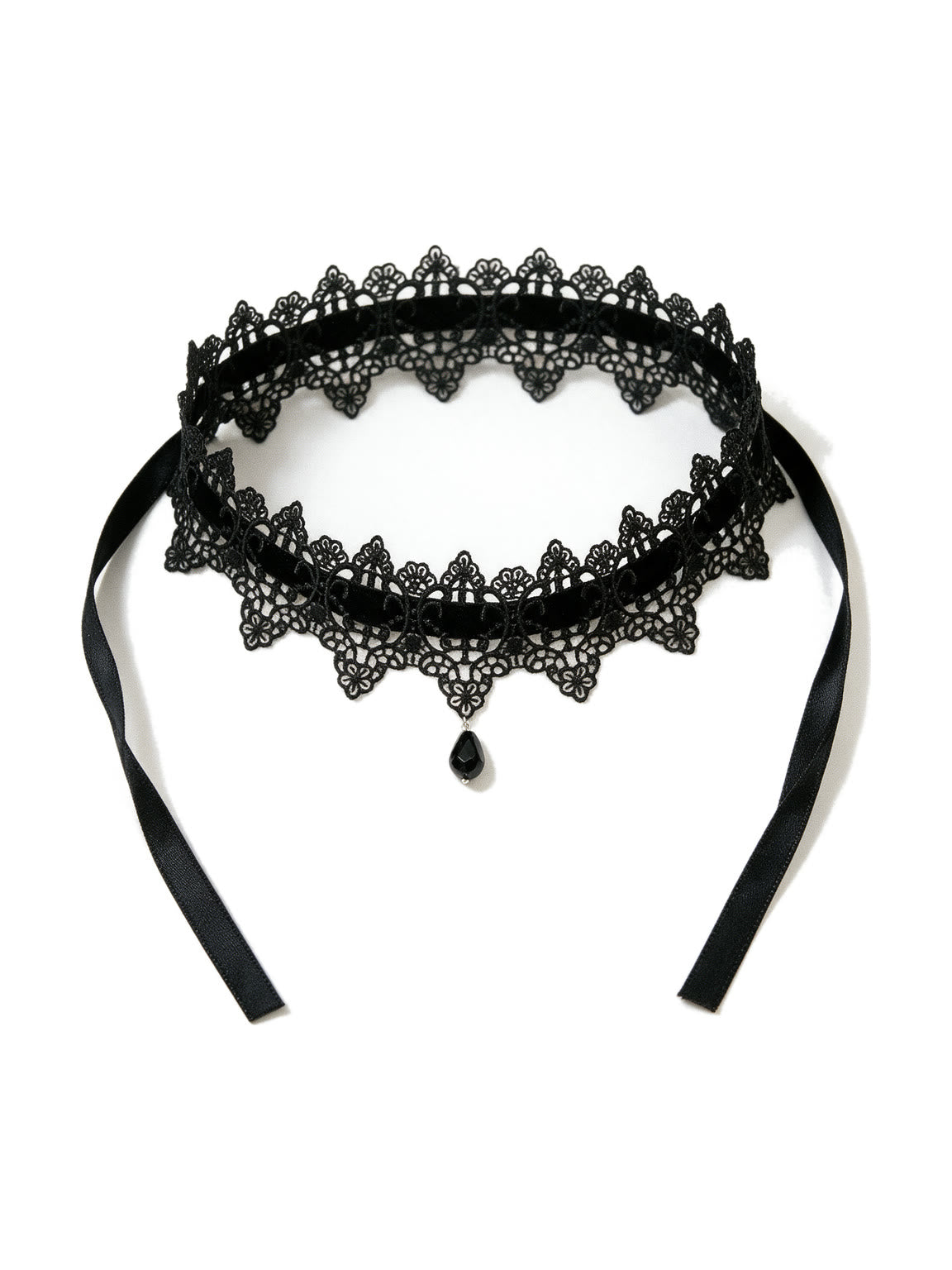 Black lace choker with a teardrop pendant and ribbon ties