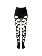 Black tights with lattice cut outs across the thighs