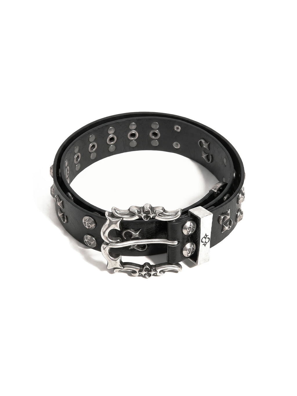 Black grommet belt with silver cross conchos and a gothic buckle