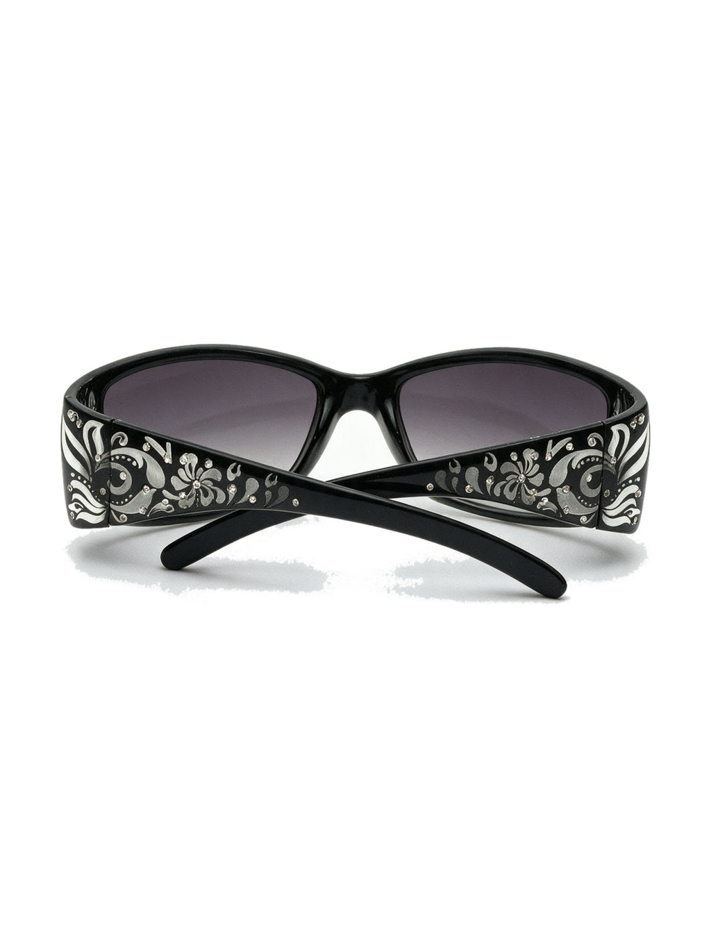 Small square black sunglasses with engraved silver temples