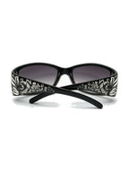 Small square black sunglasses with engraved silver temples