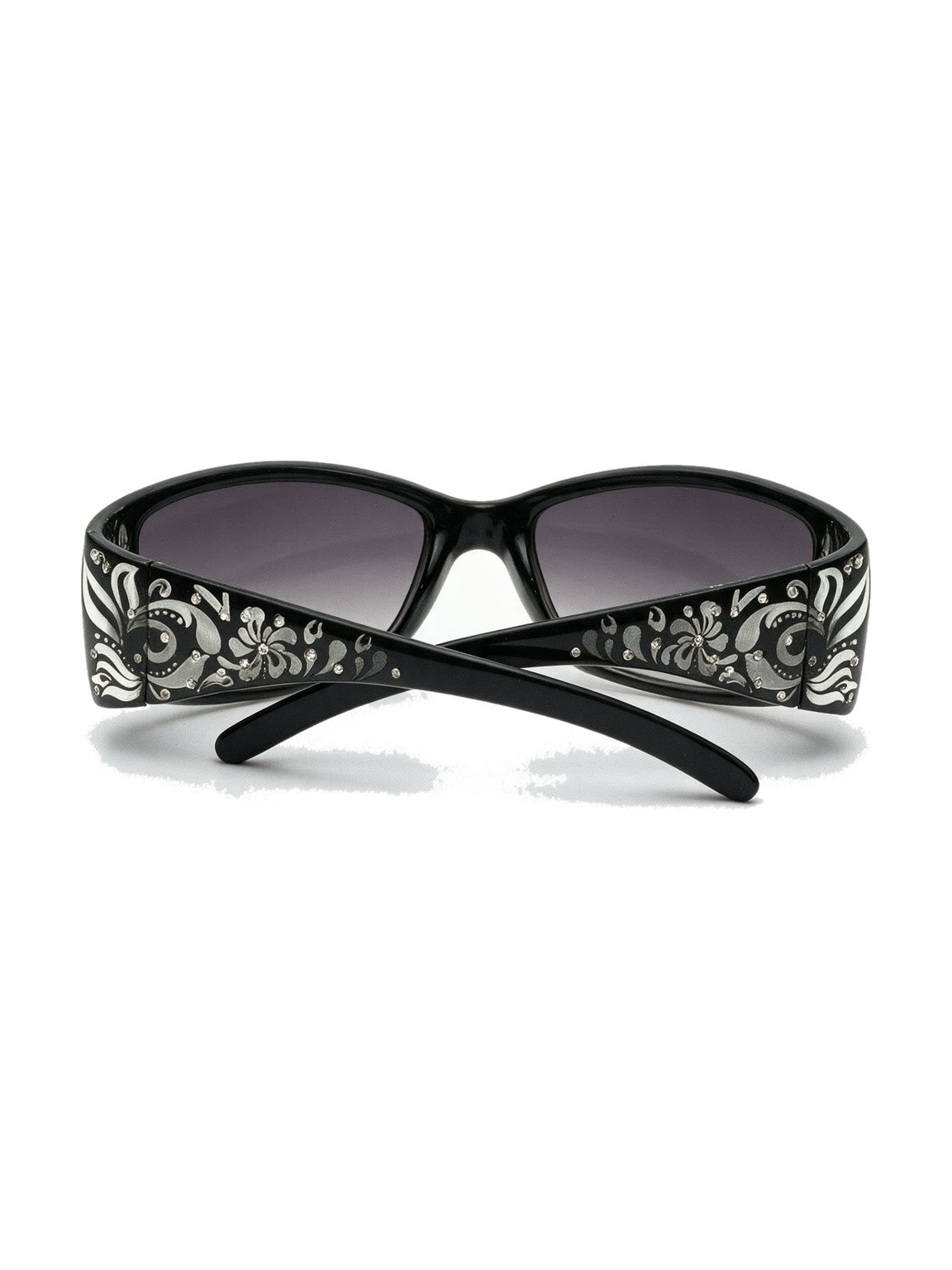 Small square black sunglasses with engraved silver temples