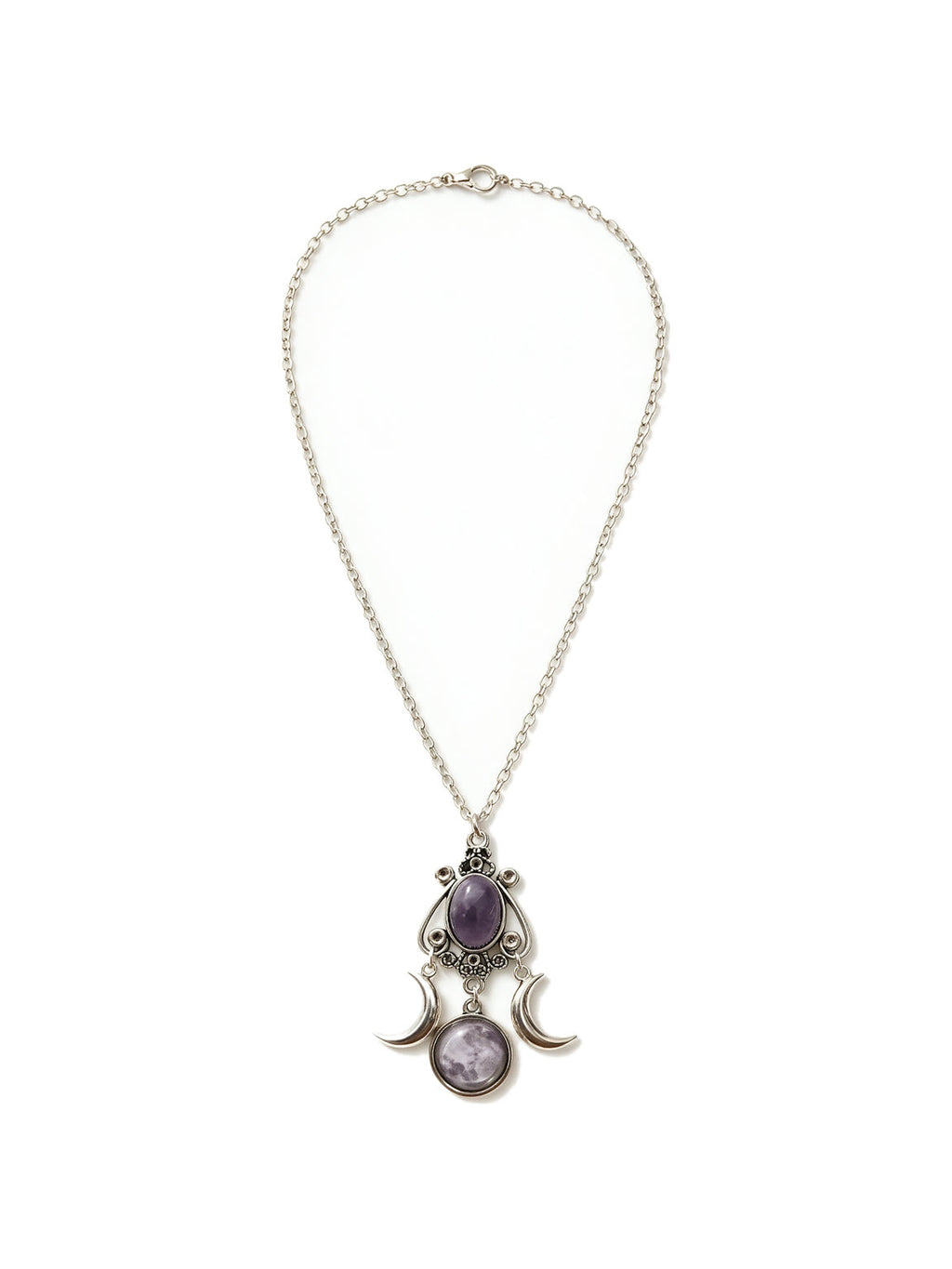 Silver crescent moon necklace with a purple amethyst stone