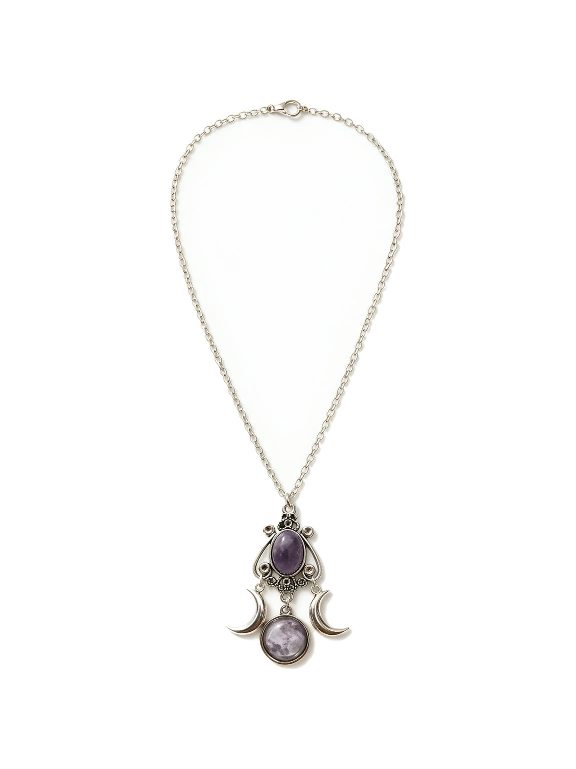 Silver crescent moon necklace with a purple amethyst stone