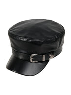 Black leather baker boy cap with a silver buckle band