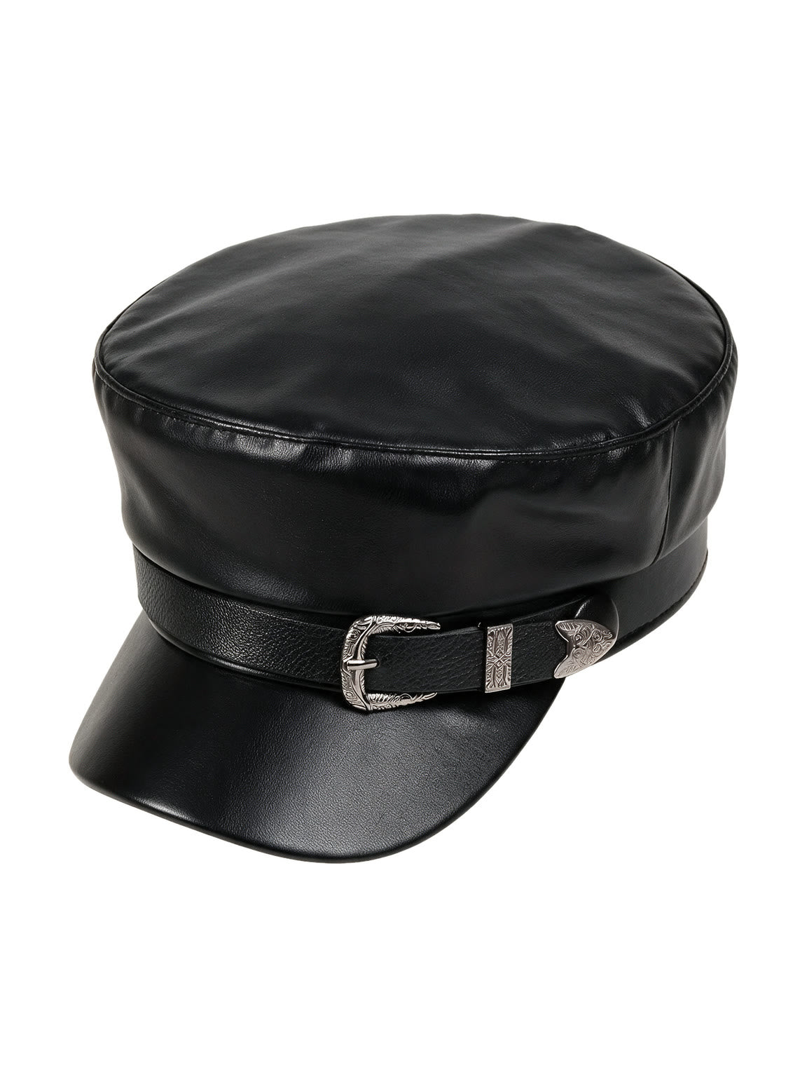 Black leather baker boy cap with a silver buckle band