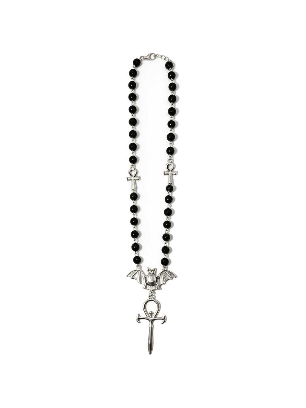 Black bead rosary necklace with a bat and dagger pendant