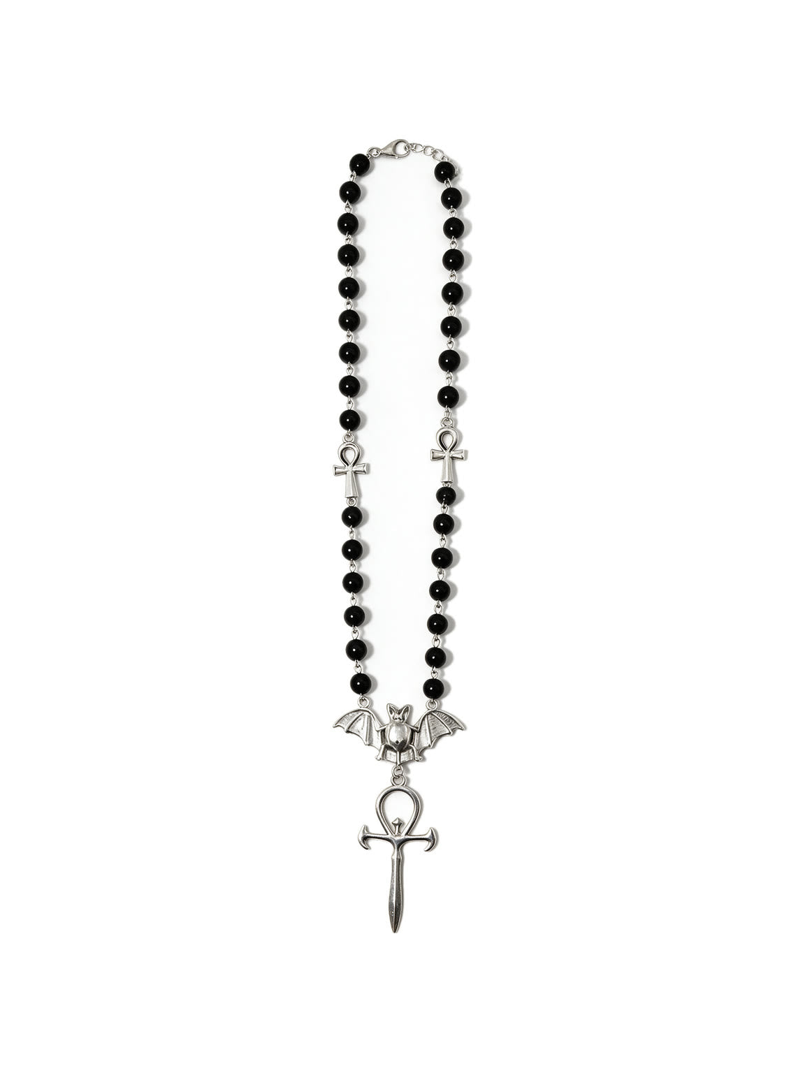 Black bead rosary necklace with a bat and dagger pendant
