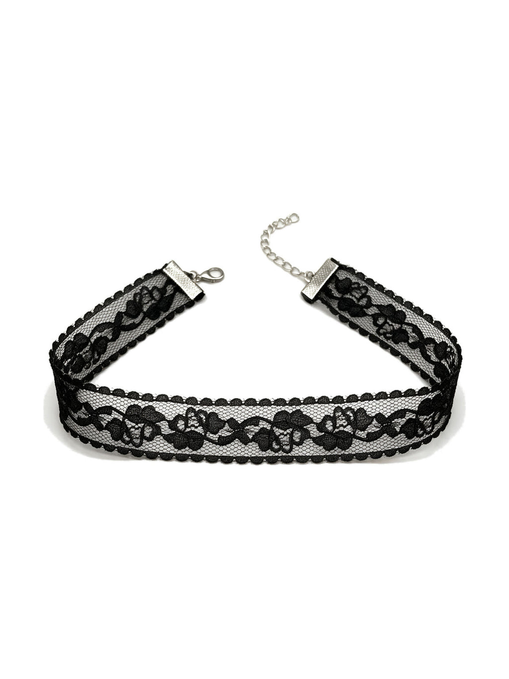 Wide black floral lace choker with a chain clasp