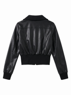 Cropped Bomber Faux Leather Jacket - detail view