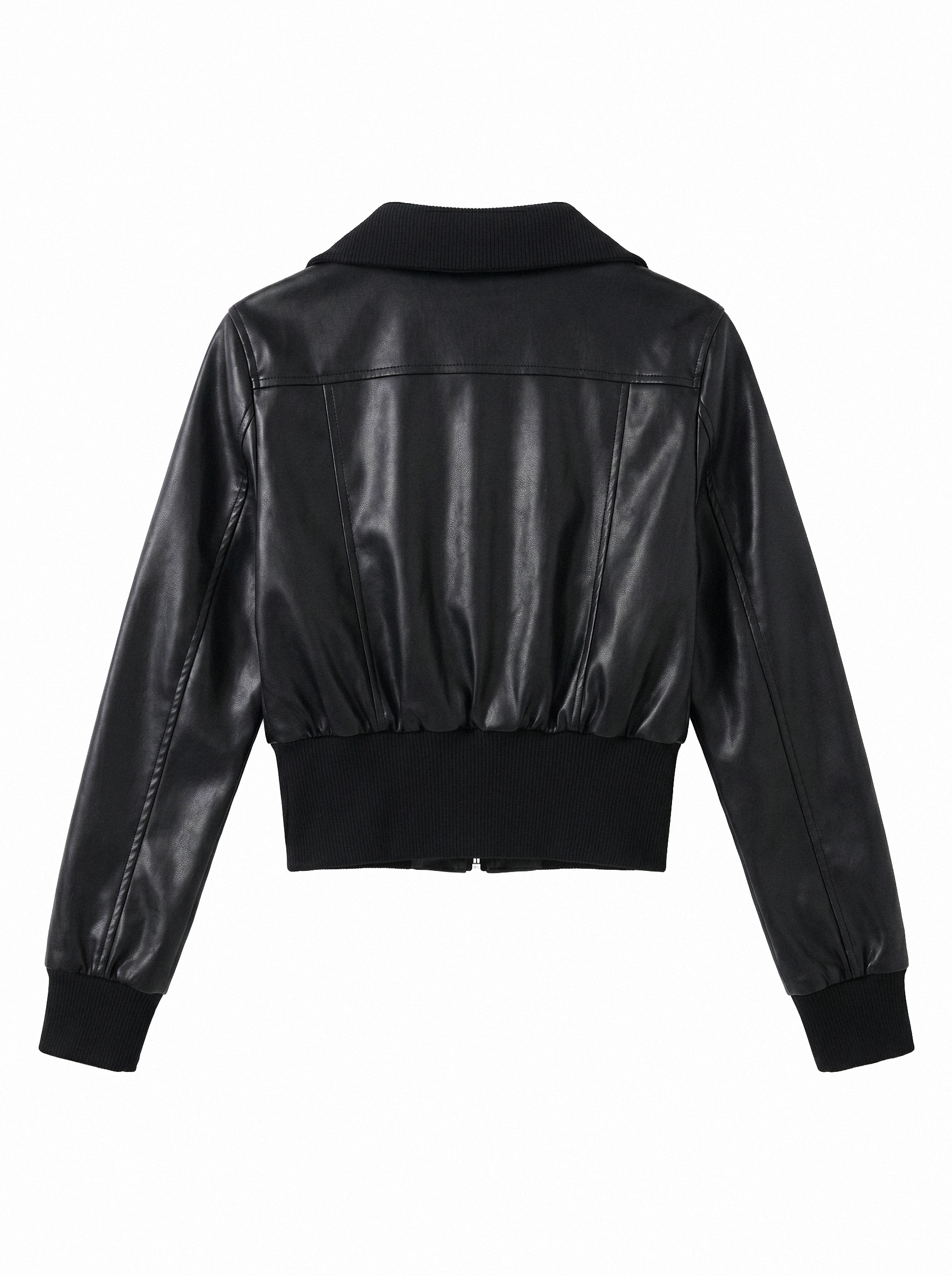 Cropped Bomber Faux Leather Jacket - detail view
