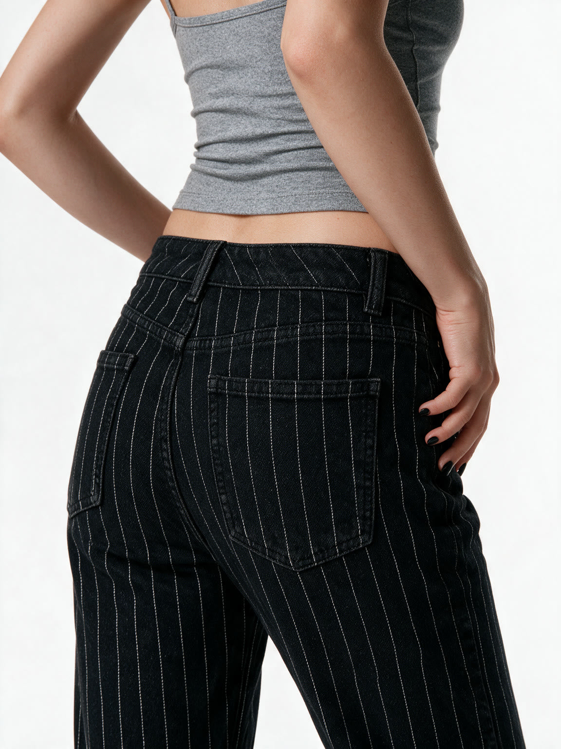 Black pinstripe low rise bootcut trousers