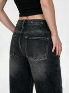 Dark washed flare jeans with a double laced waistband