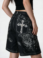 Washed black baggy denim shorts with white embroidery