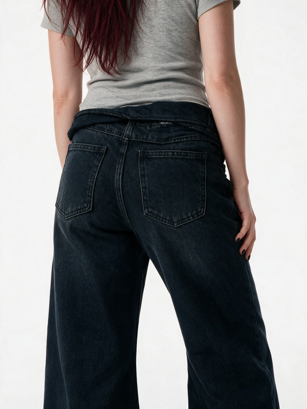 Washed blue low rise flare jeans