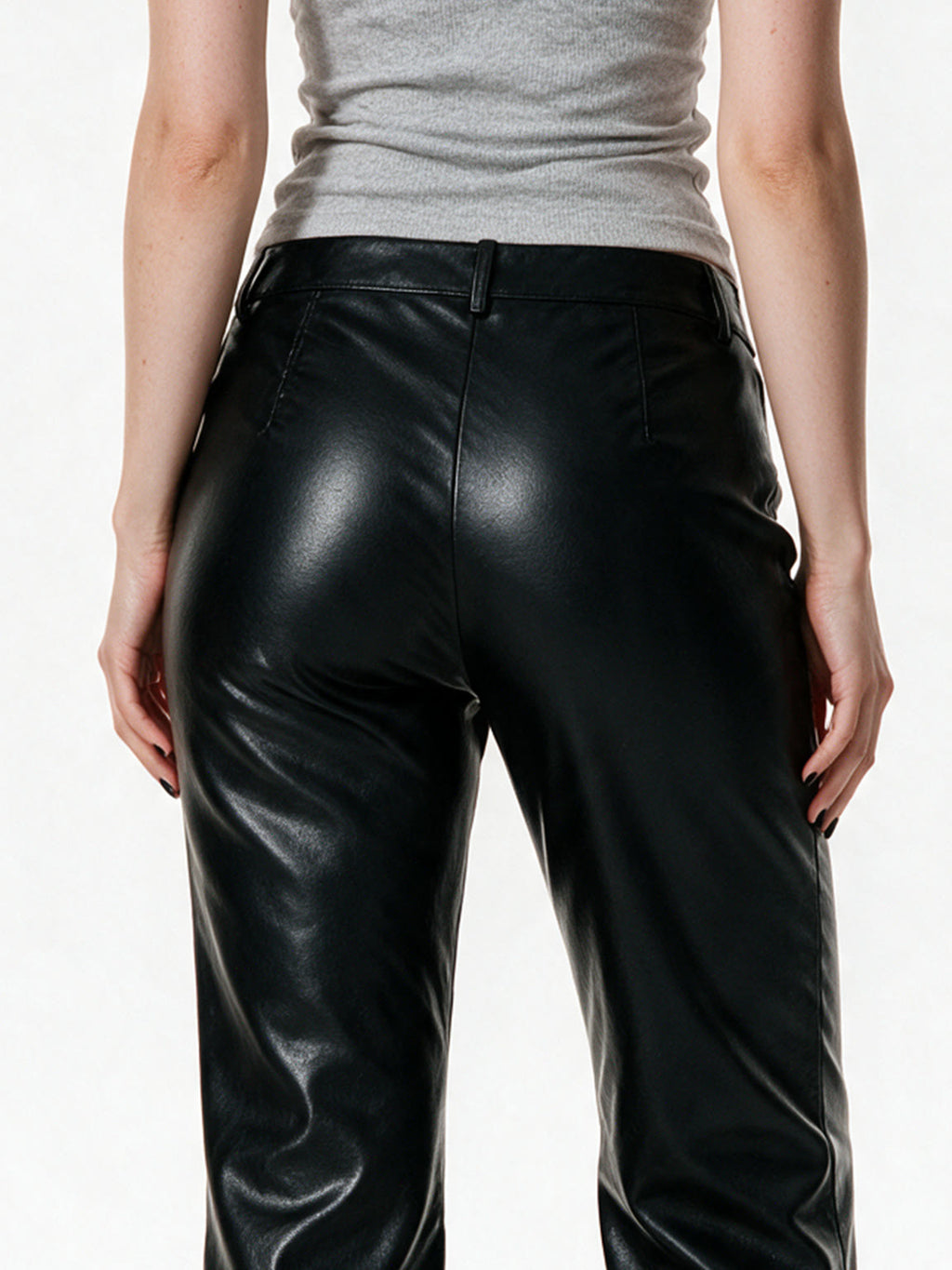Black faux leather flare trousers with knee buckle straps