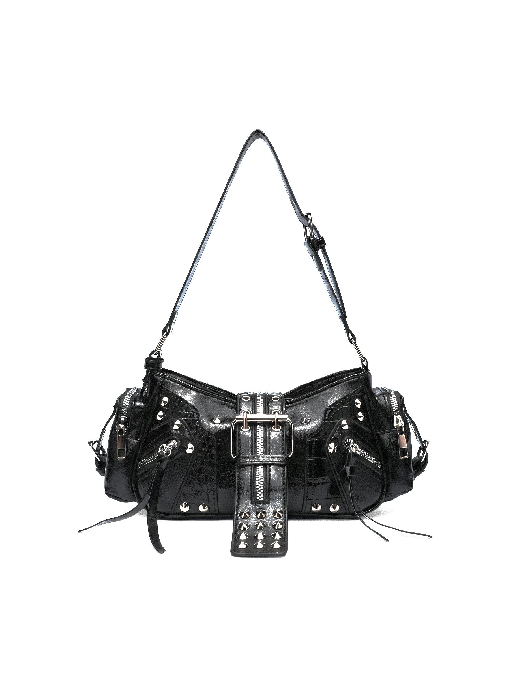 STUDDED CROC MOTO BAGUETTE BAG