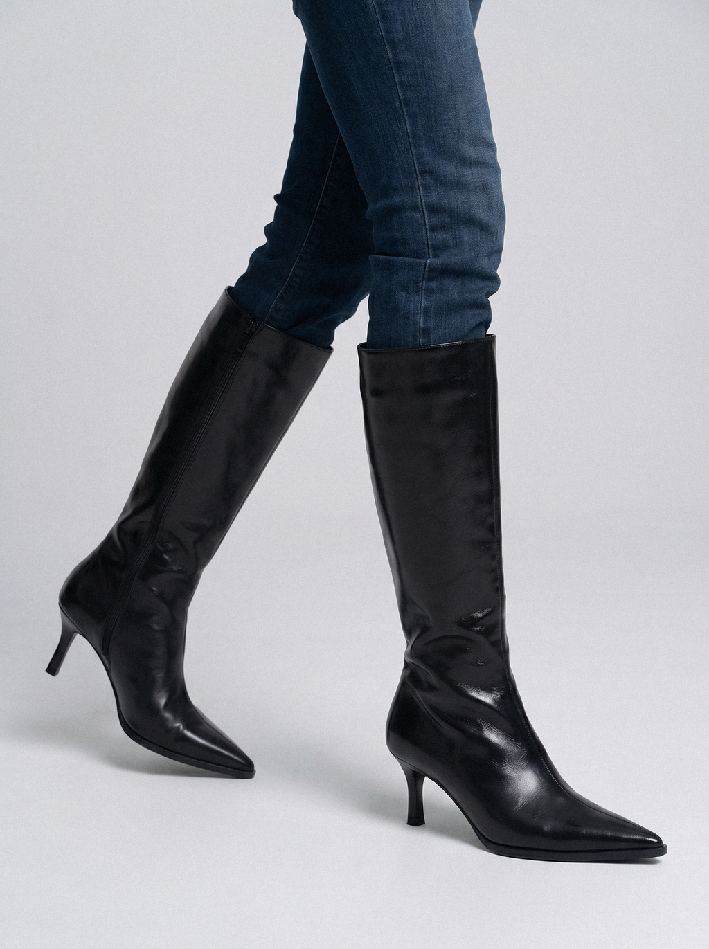 Pointed Toe Kitten Heel Tall Boots - front view