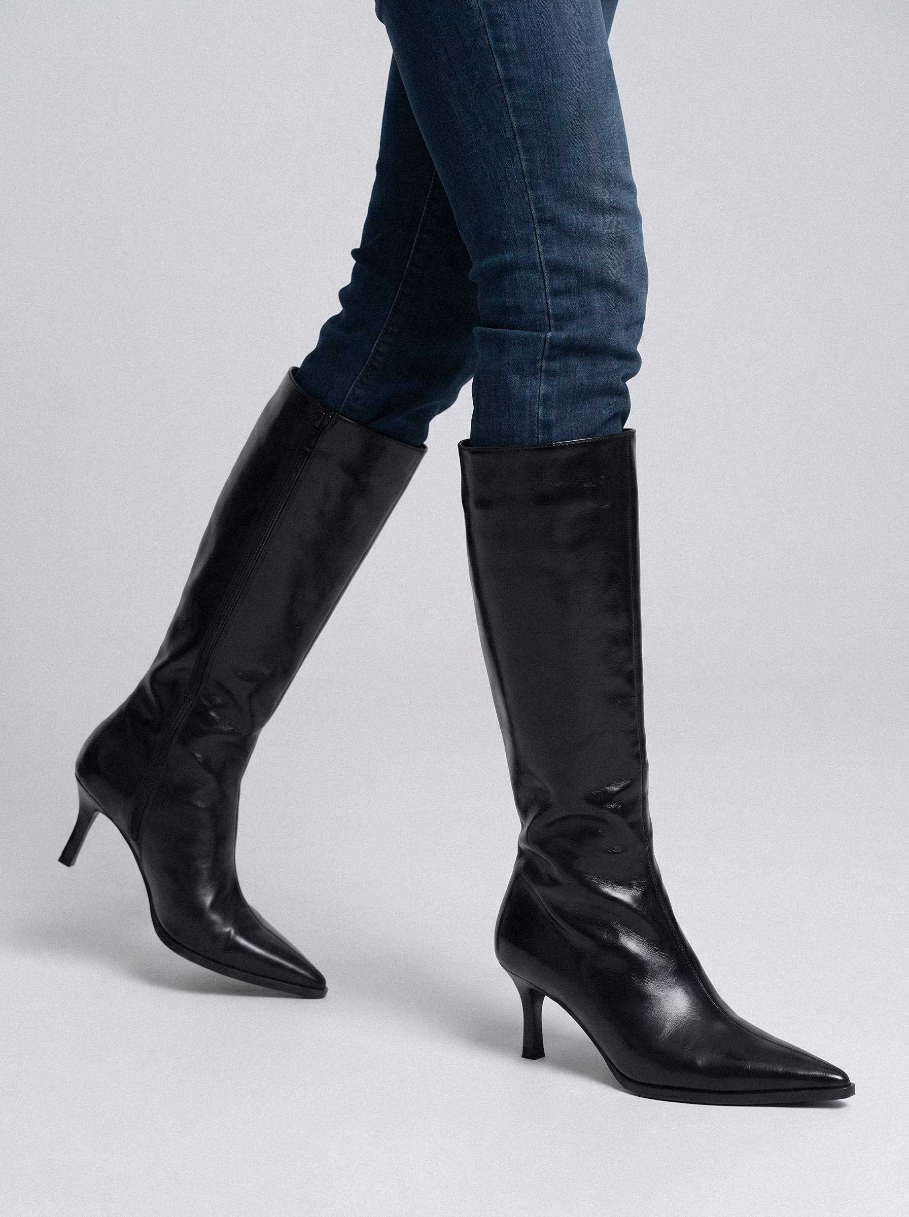 Pointed Toe Kitten Heel Tall Boots - front view