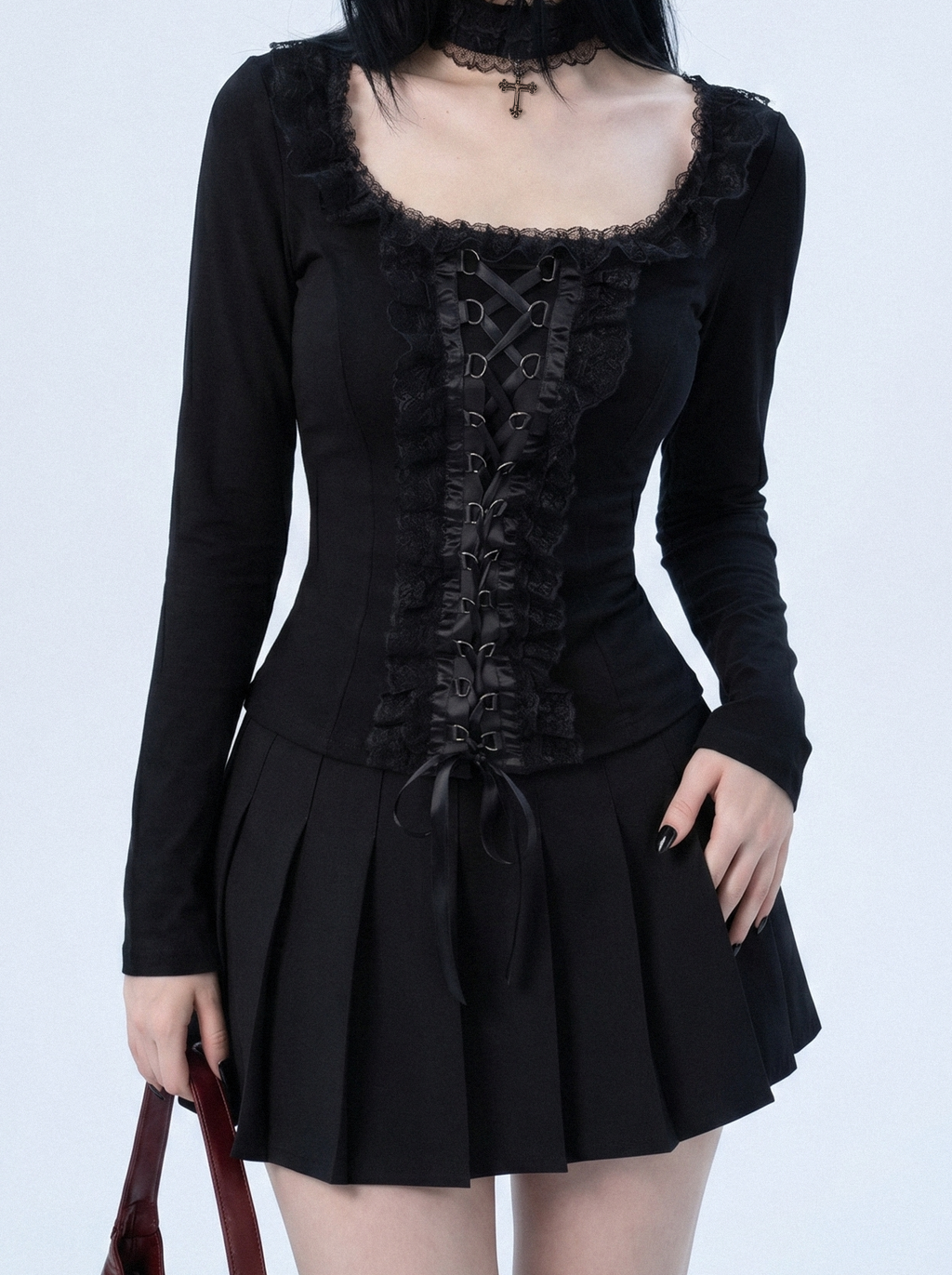 LACE-UP RUFFLE TRIM TOP