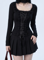 LACE-UP RUFFLE TRIM TOP